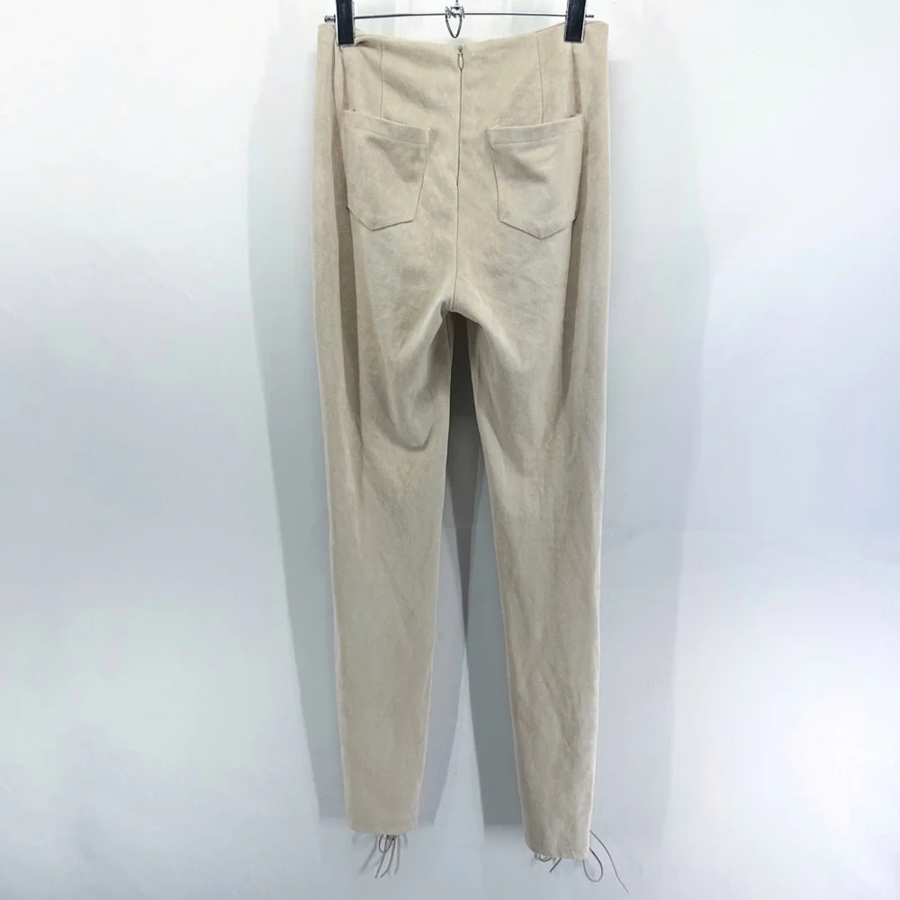 Manière De Voir Beige Faux Suede Lace Up Front Eyelet High Rise Leggings Pants - Picture 5 of 7